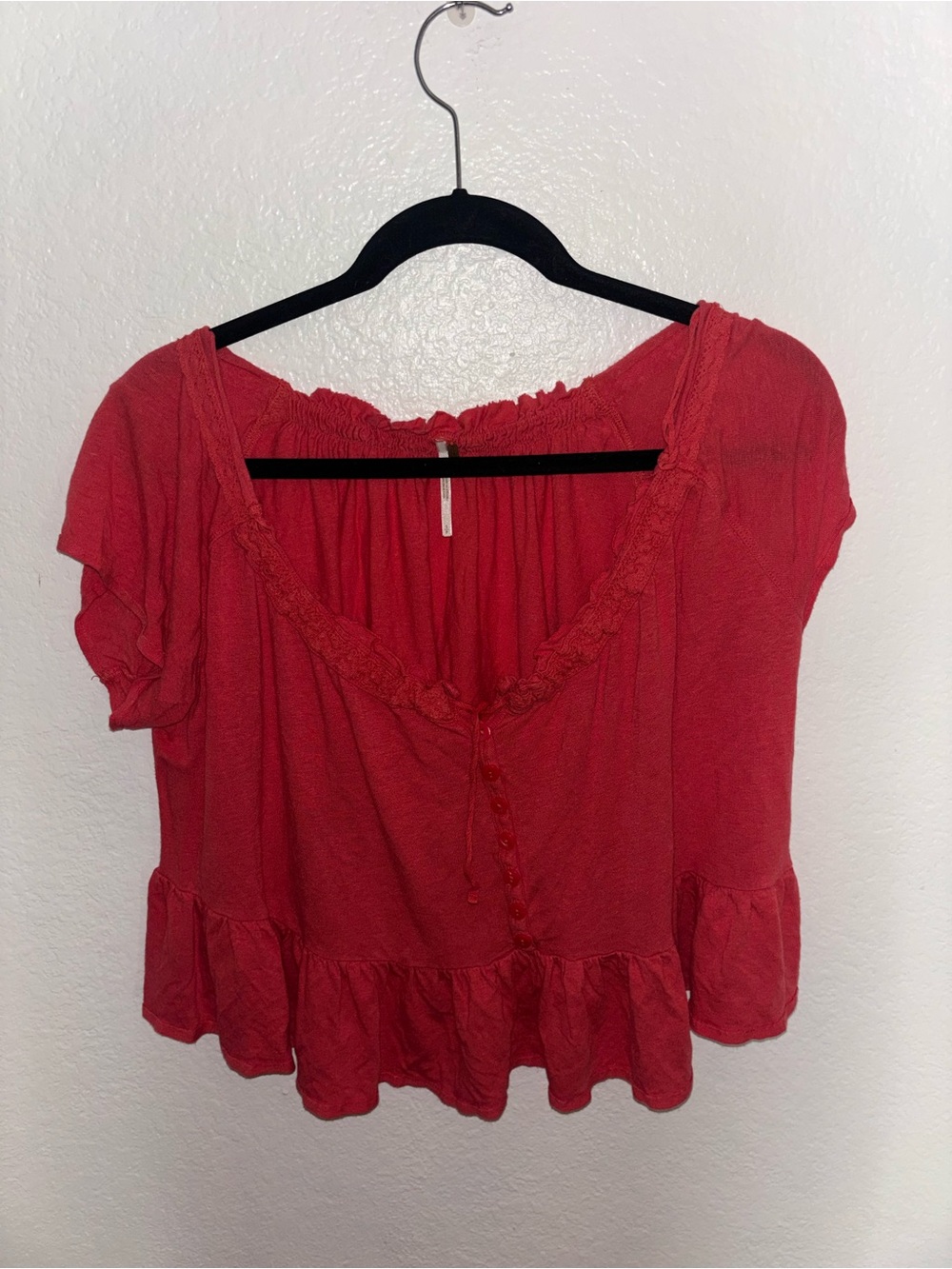 Free People Red Peasant Blouse with Ruffle Hem